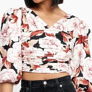 Express Floral Print Linen Blend Ruched Cropped Top Size Large NWT